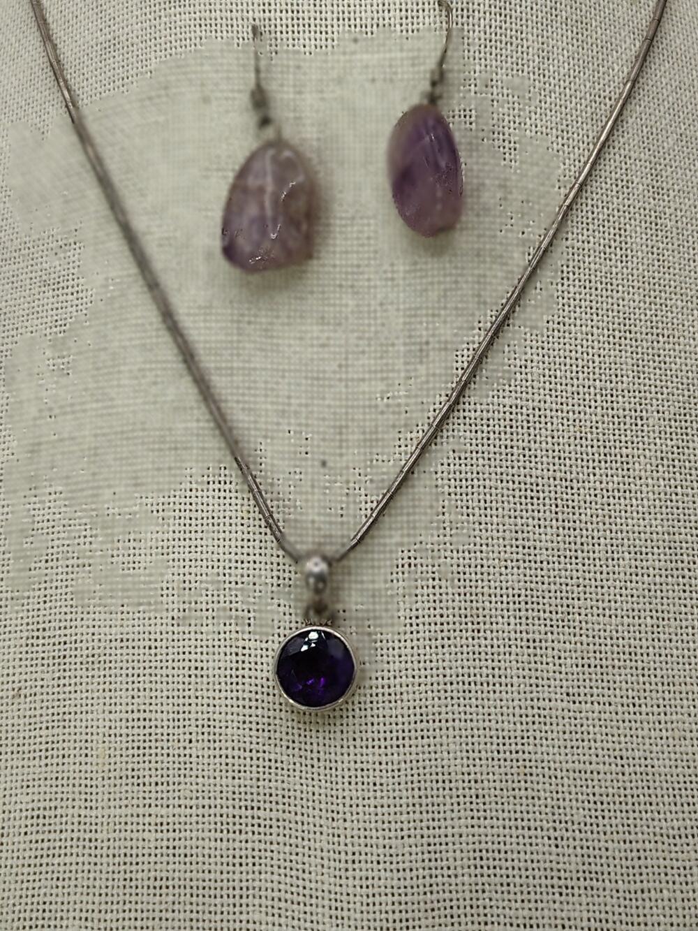 S592 Sterling Silver Amethyst Earrings Purple Pendant Necklace Set 925